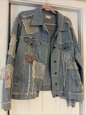 POL Light Blue Distressed Patchwork Denim Jacket